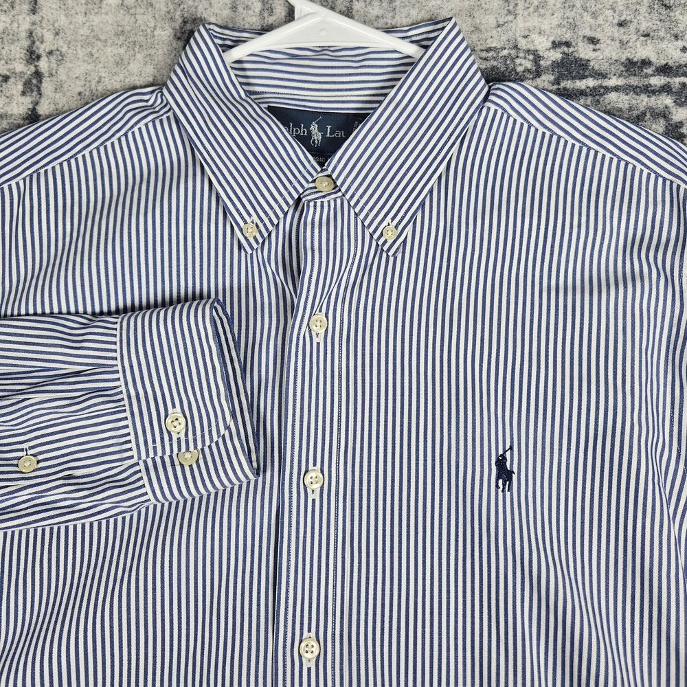 Ralph Lauren Shirt Mens 16 34/35 Blue Stripe Classic Fit Button-Down Long Sleeve